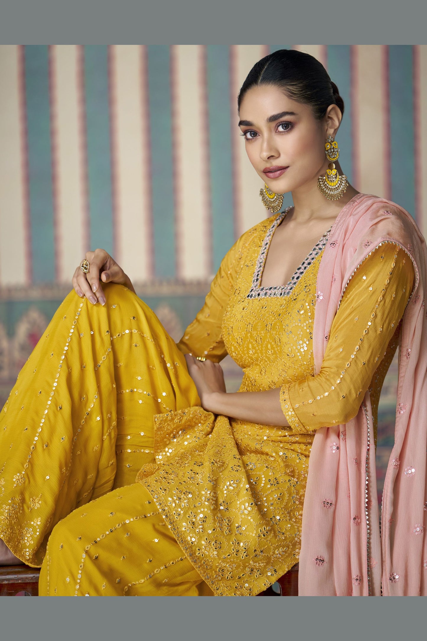 Yellow Chinon Silk Plazo Suits for Indian Festival & Pakistani Wedding - Embroidery Work