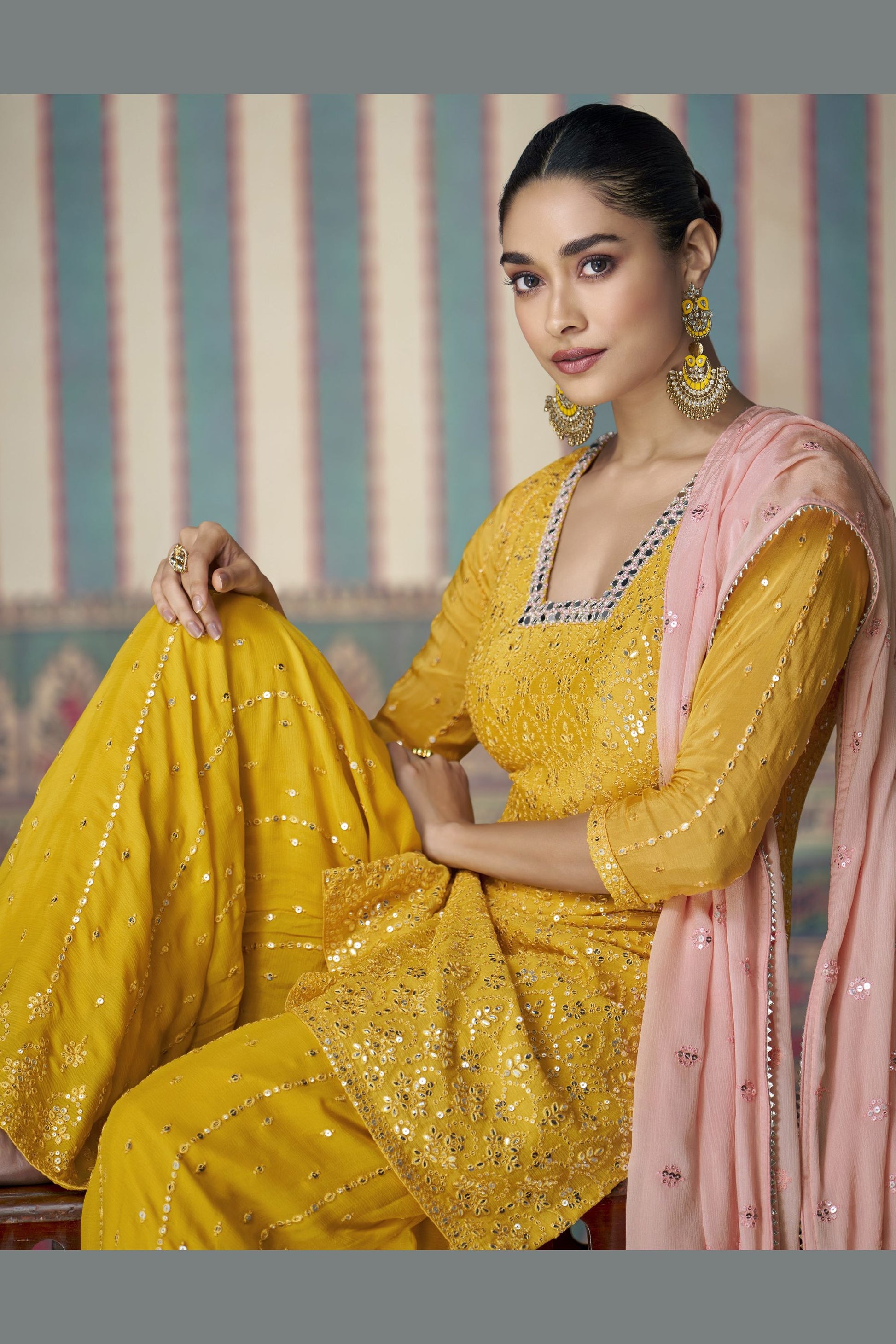 Yellow Chinon Silk Plazo Suits for Indian Festival & Pakistani Wedding - Embroidery Work