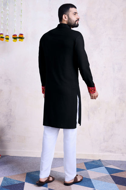 Black Rayon Kurta Pyjama for Men For Navratri Garba Festivals - Embroidery Work, Real Mirror Work