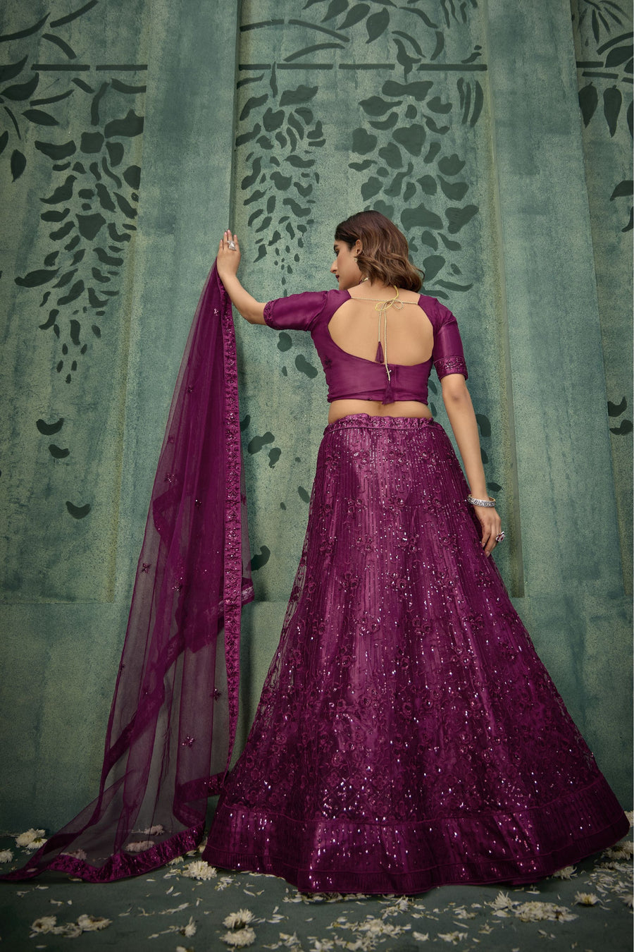 Dark Purple Net Lehenga Choli For Indian Festivals & Pakistani Weddings Dress - Thread Embroidery Work, Sequence Embroidery Work