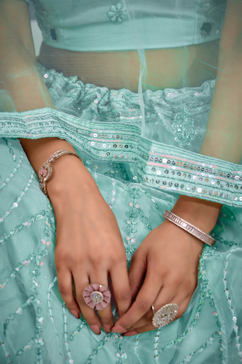 Cyan Net Lehenga Choli For Indian Festival & Weddings - Thread Embroidery Work, Sequence Embroidery Work