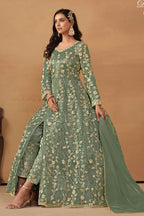 Green Net Full Floor Length Anarkali Dress with Front Slit For Indian Festivals & Weddings - Thread & Sequence Embroidery Work