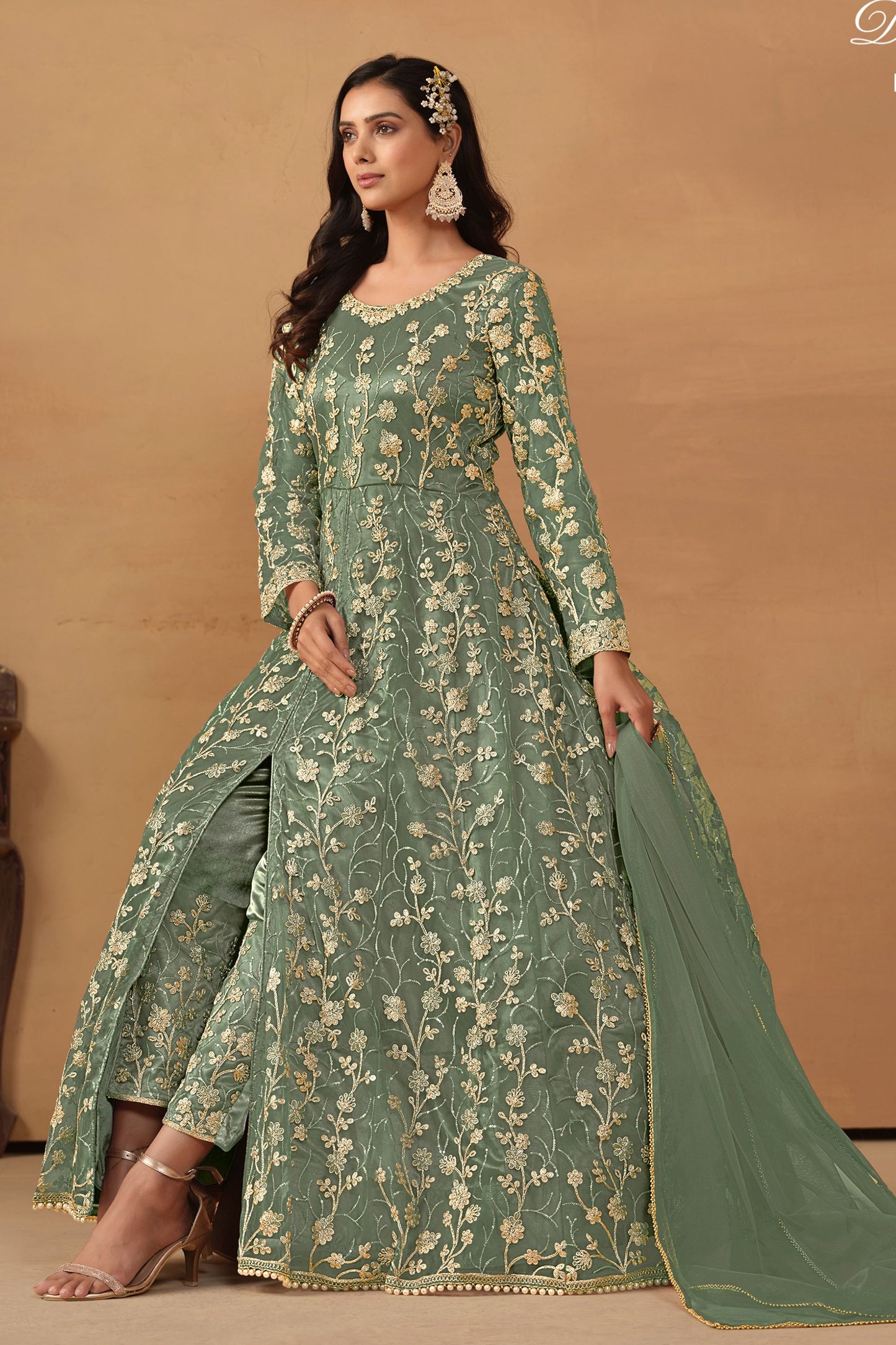 Green Net Full Floor Length Anarkali Dress with Front Slit For Indian Festivals & Weddings - Thread & Sequence Embroidery Work