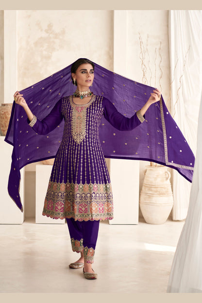 Purple Pakistani Silk Salwar Kameez with Pant For Indian Festivals & Weddings - Thread Embroidery Work