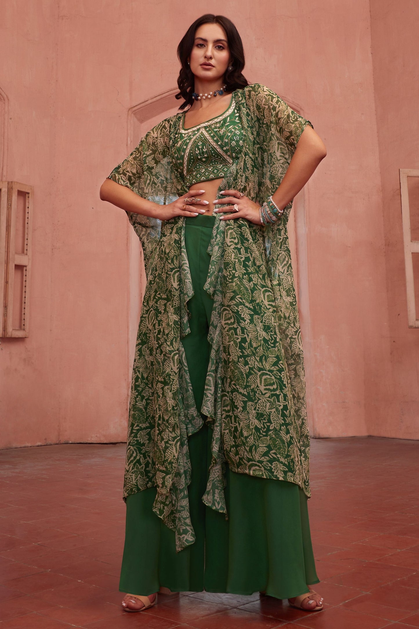 Green Georgette Sharara Choli For Indian Festivals & Weddings - Thread Embroidery Work, Hand Embellishment, Mirror Work