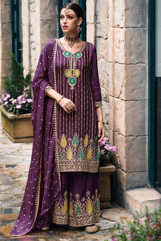 Purple Chinon Silk Kameez with Plazzo And Dupatta For Indian Suit Festivals & Pakistani Weddings - Embroidery Work