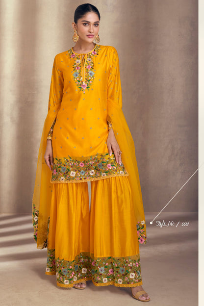 Yellow Real Silk Sharara Kameez for Pakistani & Indian Festival - Embroidery Work