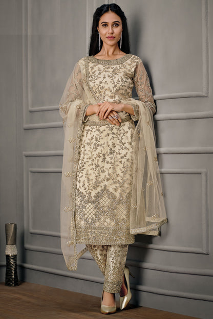 Cream Net Kameez with Pant For Indian Suit Festivals & Pakistani Weddings - Embroidery Work