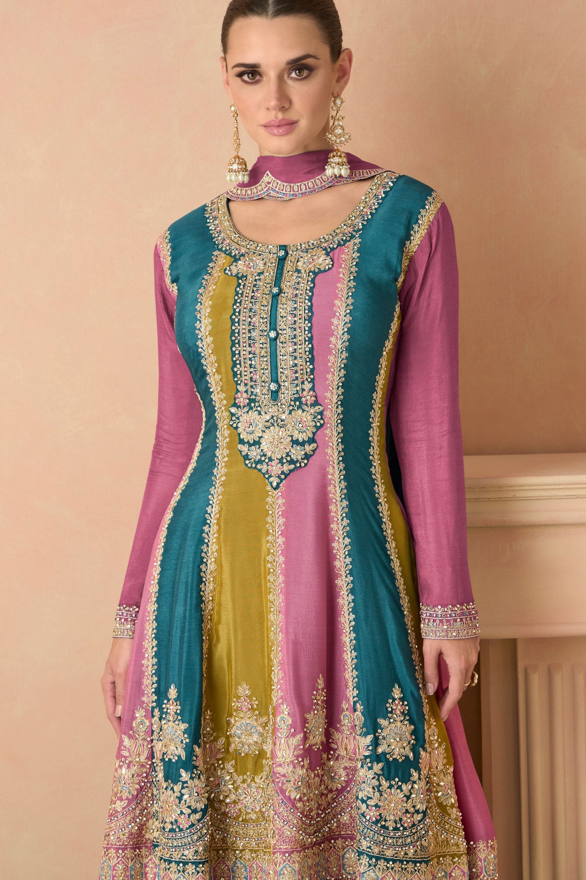 Multicolor Chinon Silk Plazo Suit For Indian Festival & Pakistani Wedding - Embroidery Work