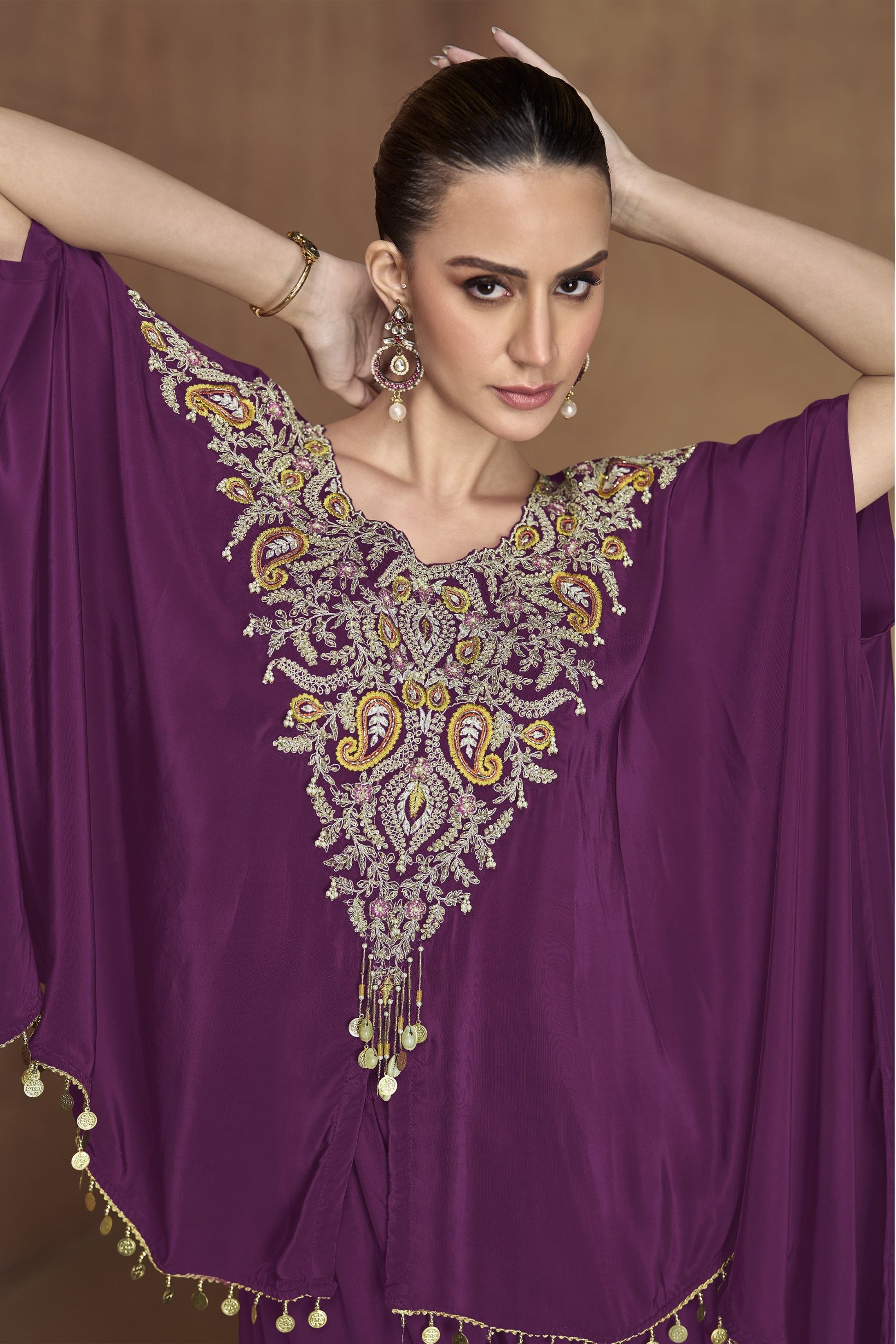 Purple Silk Kaftan Plazo Suit For Indian Weddings & Pakitani Festival - Embroidery Work