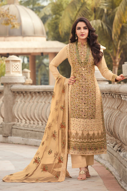 Beige Jacquard Kameez with Pant For Indian Suit Festivals & Pakistani Weddings - Embroidery Work