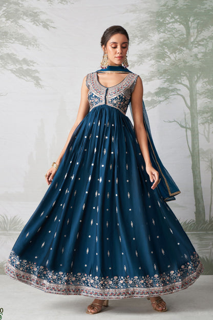 Teal Blue Georgette Anarkali Gown For Indian Festivals & Weddings - Thread Embroidery Work, Zari Work, Seqeuence Embroidery Work