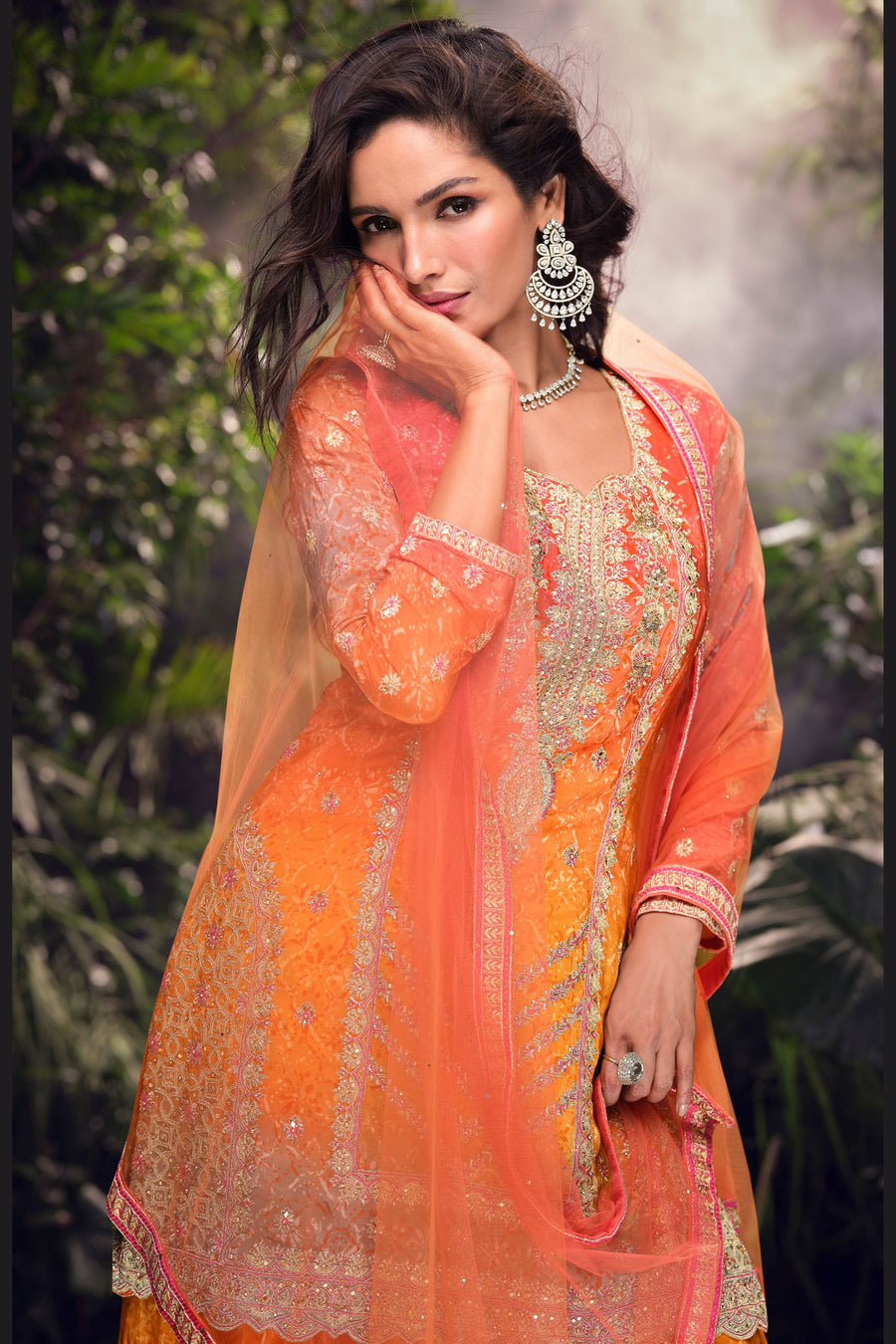 Orange Chinon Silk Plazo Suits for Indian Festival & Pakistani Wedding - Embroidery Work