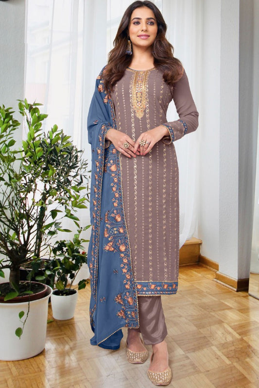 Dark Beige Georgette with Chinon Silk Kameez with Pant For Indian Suit Festivals & Pakistani Weddings - Embroidery Work