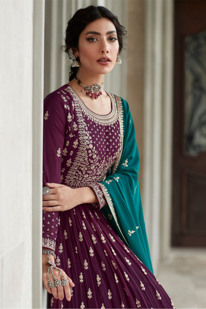 Maroon Pakistani Georgette Kameez with Skirt For Indian Festivals & Weddings - Thread Embroidery Work,