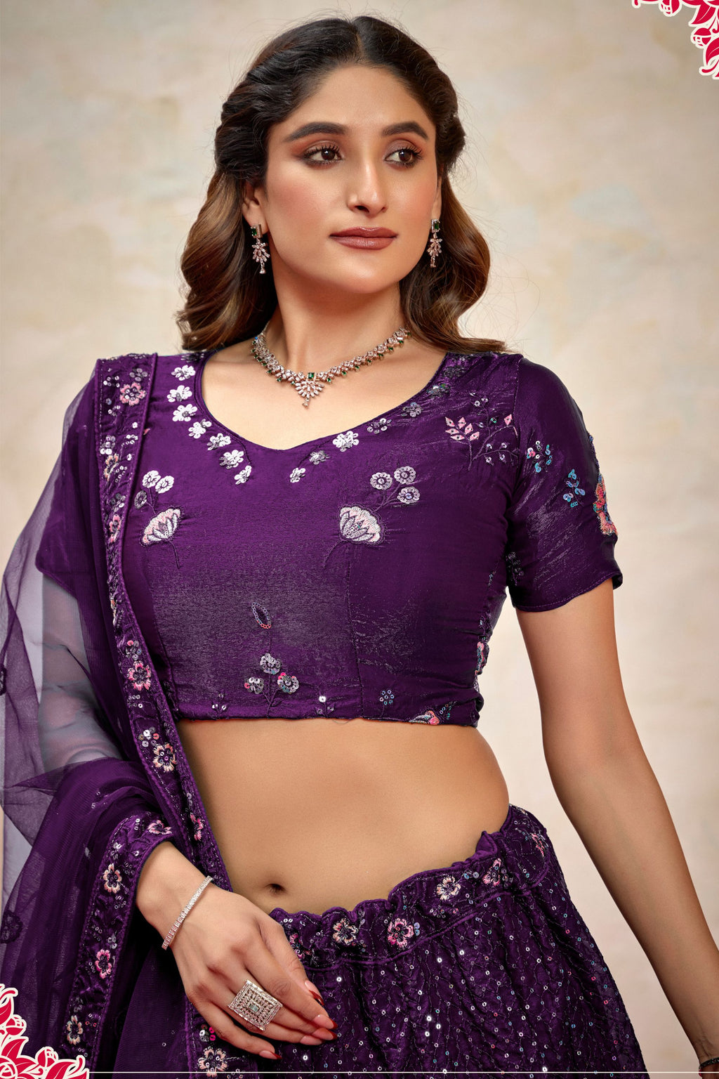 Dark Purple Silk Lehenga Choli For Indian Festivals & Pakistani Weddings Dress - Thread Embroidery Work, Sequence Embroidery Work