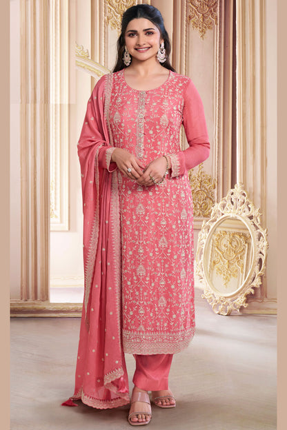 Peach Chinon Silk Long Kameez Suit with Pant And Dupatta Festivals & Pakistani Weddings - Embroidery Work