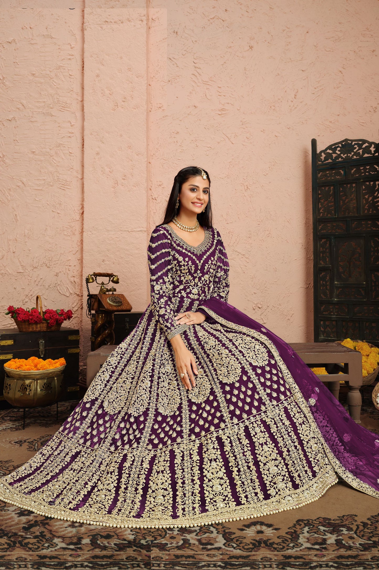 Purple Net Full Floor Length Anarkali Dress For Indian Festivals & Weddings - Embroidery Work