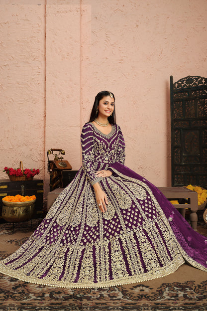 Purple Net Full Floor Length Anarkali Dress For Indian Festivals & Weddings - Embroidery Work