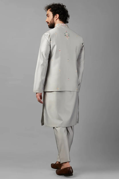 Grey Silk Men's Wedding Suit Waistcoat with Kurta & Pant - Embroidery Work