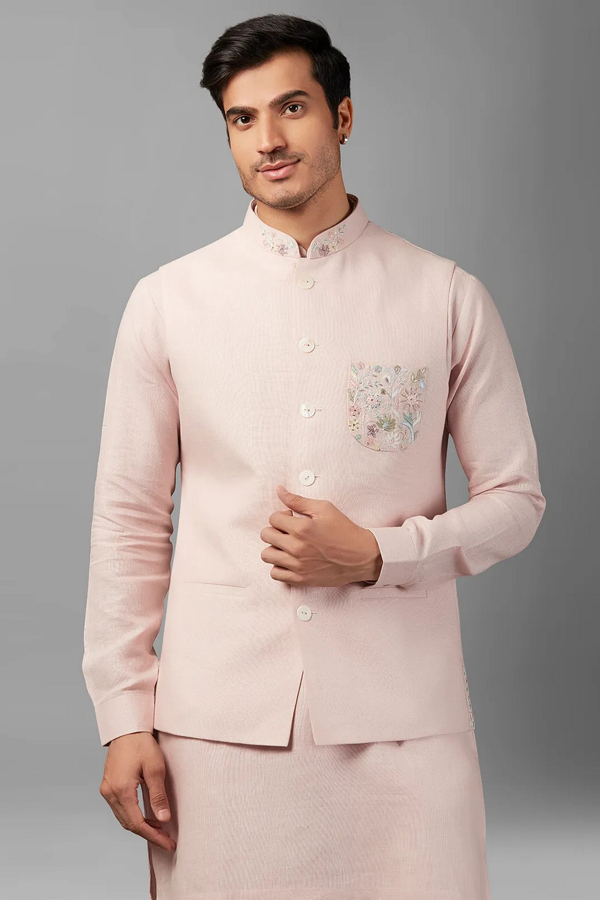 Light Pink Linen Men's Wedding Suit Waistcoat, Kurta with Pant - Embroidery Work