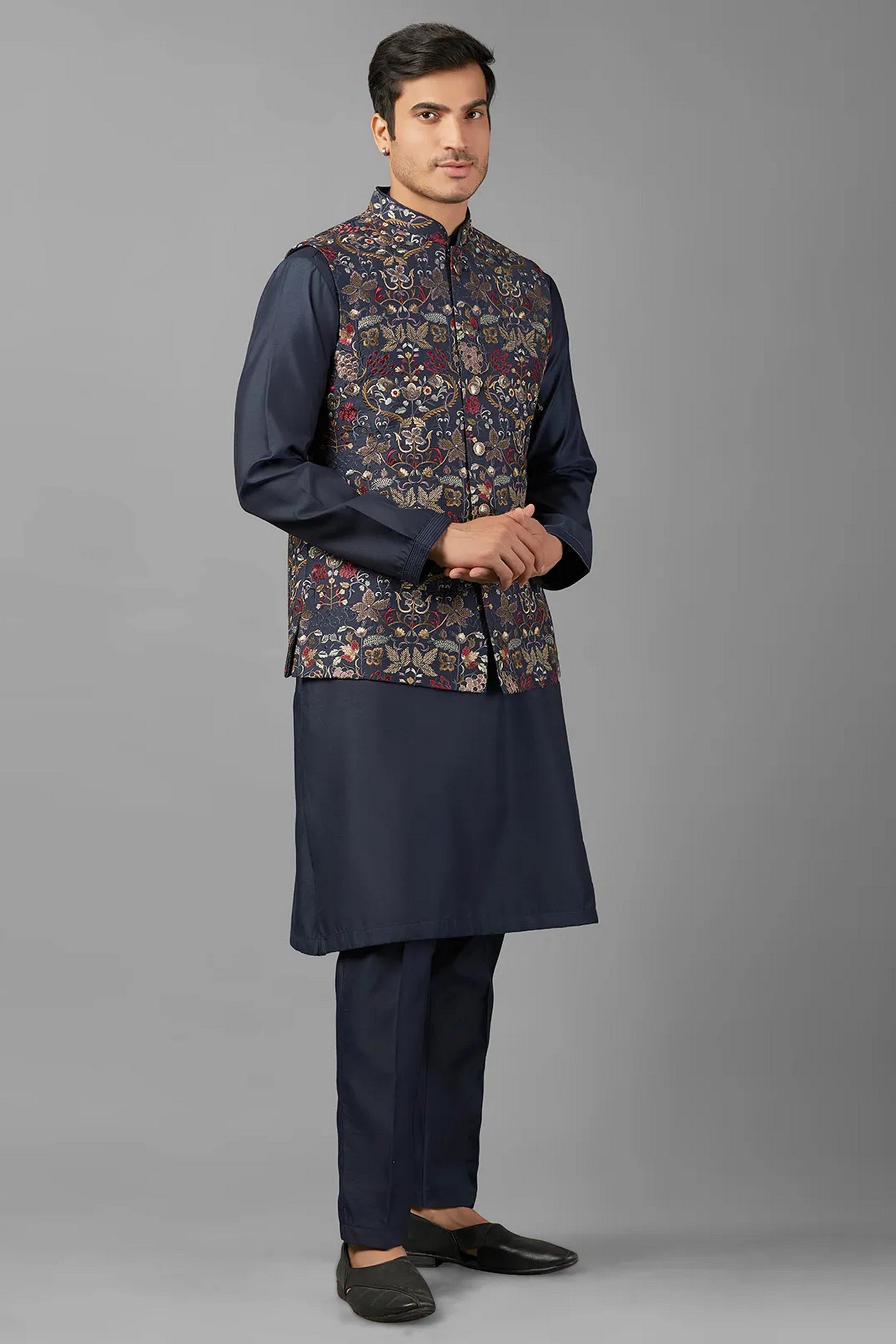 Navy Blue Silk Men's Wedding Suit Waistcoat, Kurta with Pant - Embroidery Work