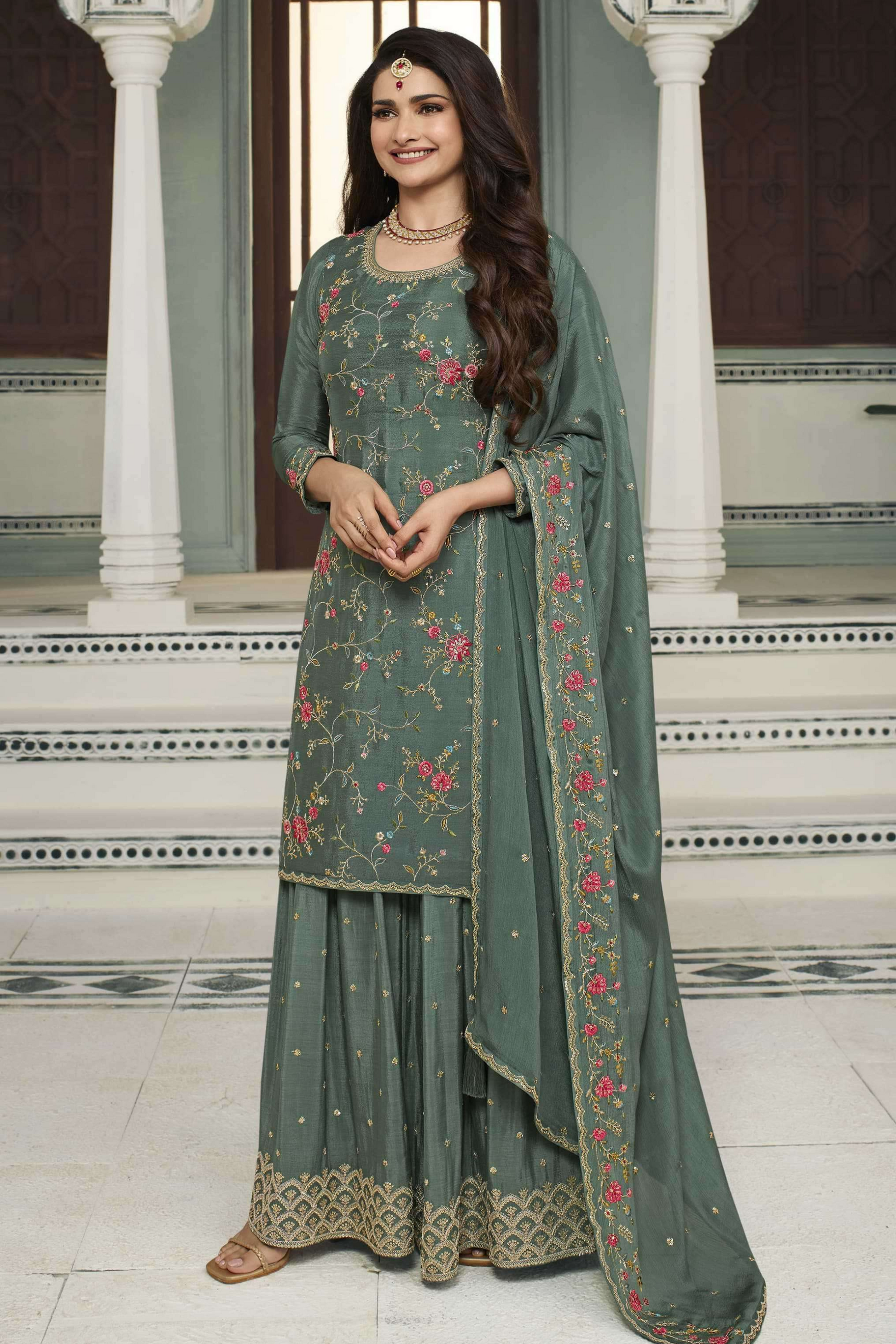 Teal Chinon Silk Floral Plazo Suit For Indian Festivals & Pakistani Weddings Dress - Embroidery Work