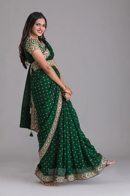 Green Indian Georgette Saree For Indian Festivals & Weddings - Sequence Embroidery Work, Dori Work