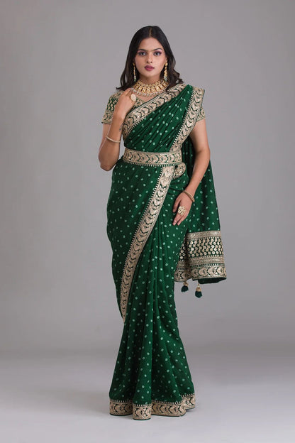 Green Indian Georgette Saree For Indian Festivals & Weddings - Sequence Embroidery Work, Dori Work