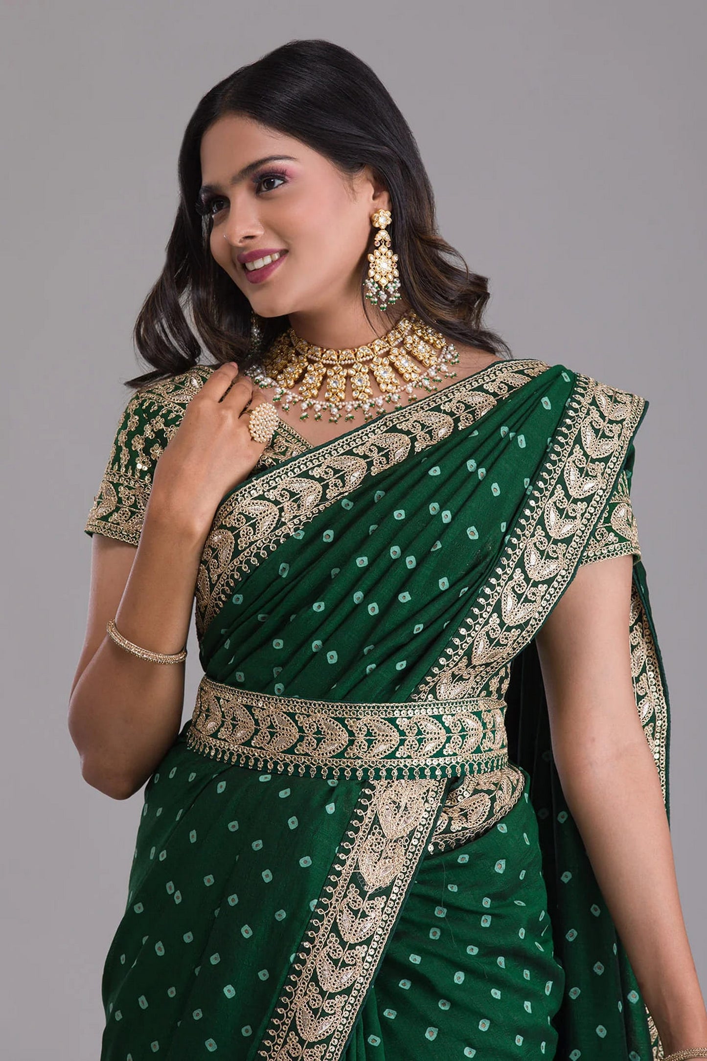 Green Indian Georgette Saree For Indian Festivals & Weddings - Sequence Embroidery Work, Dori Work