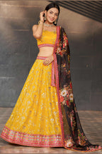 Yellow Georgette Lehenga Choli For Indian & Pakistani Wedding Festival - Sequins & Thread Embroidery Work, Zari Work, Dori Work, Embroidery Work, Print Work