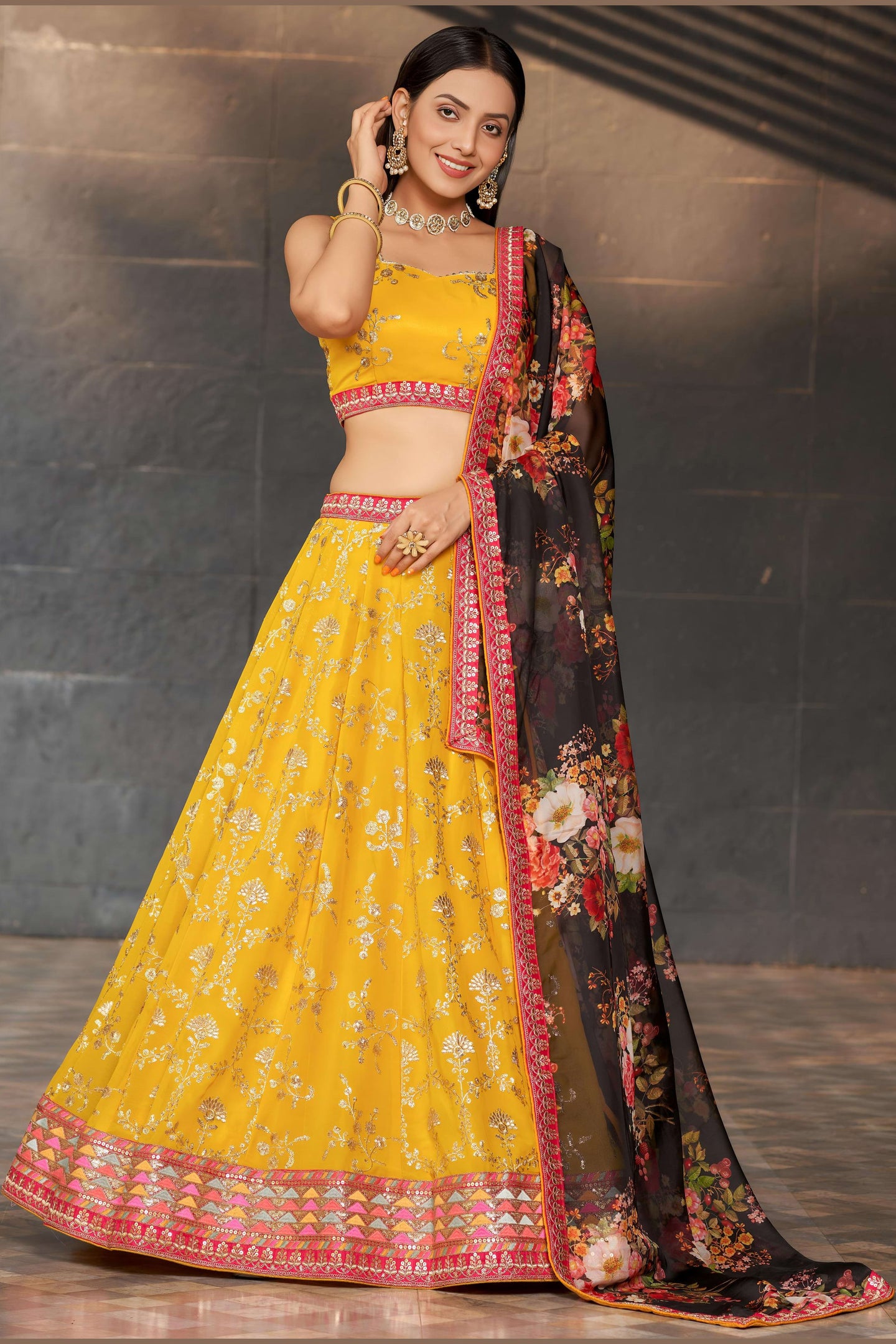 Yellow Georgette Lehenga Choli For Indian & Pakistani Wedding Festival - Sequins & Thread Embroidery Work, Zari Work, Dori Work, Embroidery Work, Print Work