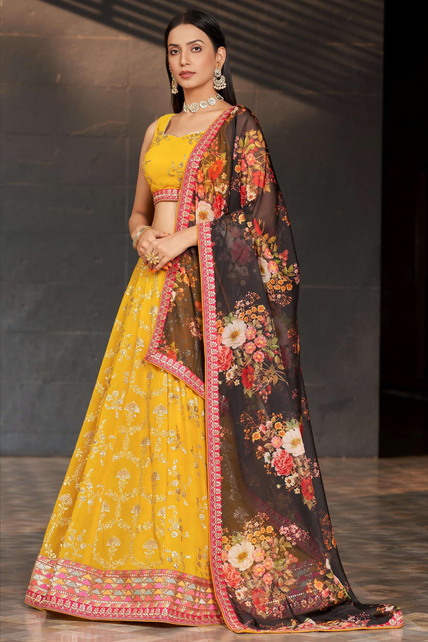 Yellow Georgette Lehenga Choli For Indian & Pakistani Wedding Festival - Sequins & Thread Embroidery Work, Zari Work, Dori Work, Embroidery Work, Print Work