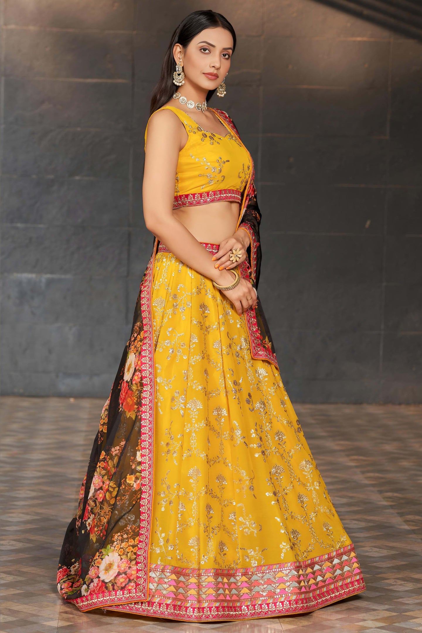Yellow Georgette Lehenga Choli For Indian & Pakistani Wedding Festival - Sequins & Thread Embroidery Work, Zari Work, Dori Work, Embroidery Work, Print Work