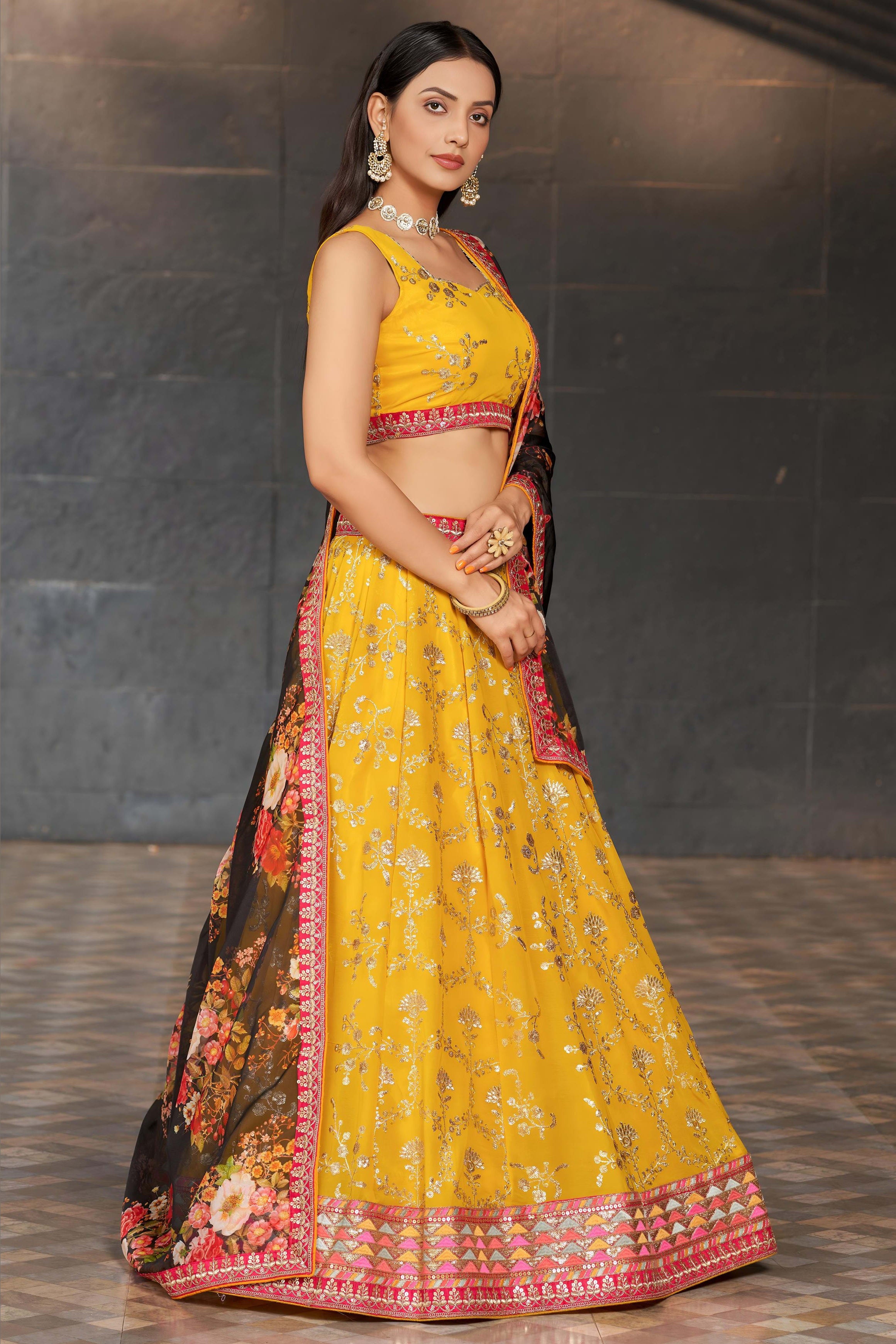 Yellow Georgette Lehenga Choli For Indian & Pakistani Wedding Festival - Sequins & Thread Embroidery Work, Zari Work, Dori Work, Embroidery Work, Print Work