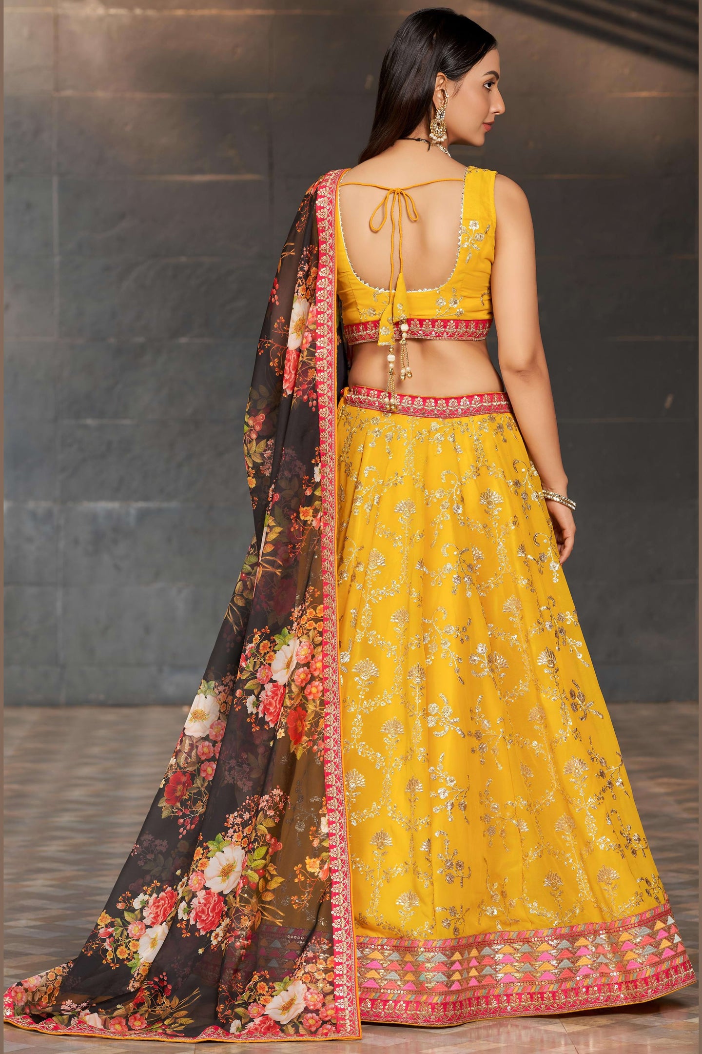 Yellow Georgette Lehenga Choli For Indian & Pakistani Wedding Festival - Sequins & Thread Embroidery Work, Zari Work, Dori Work, Embroidery Work, Print Work