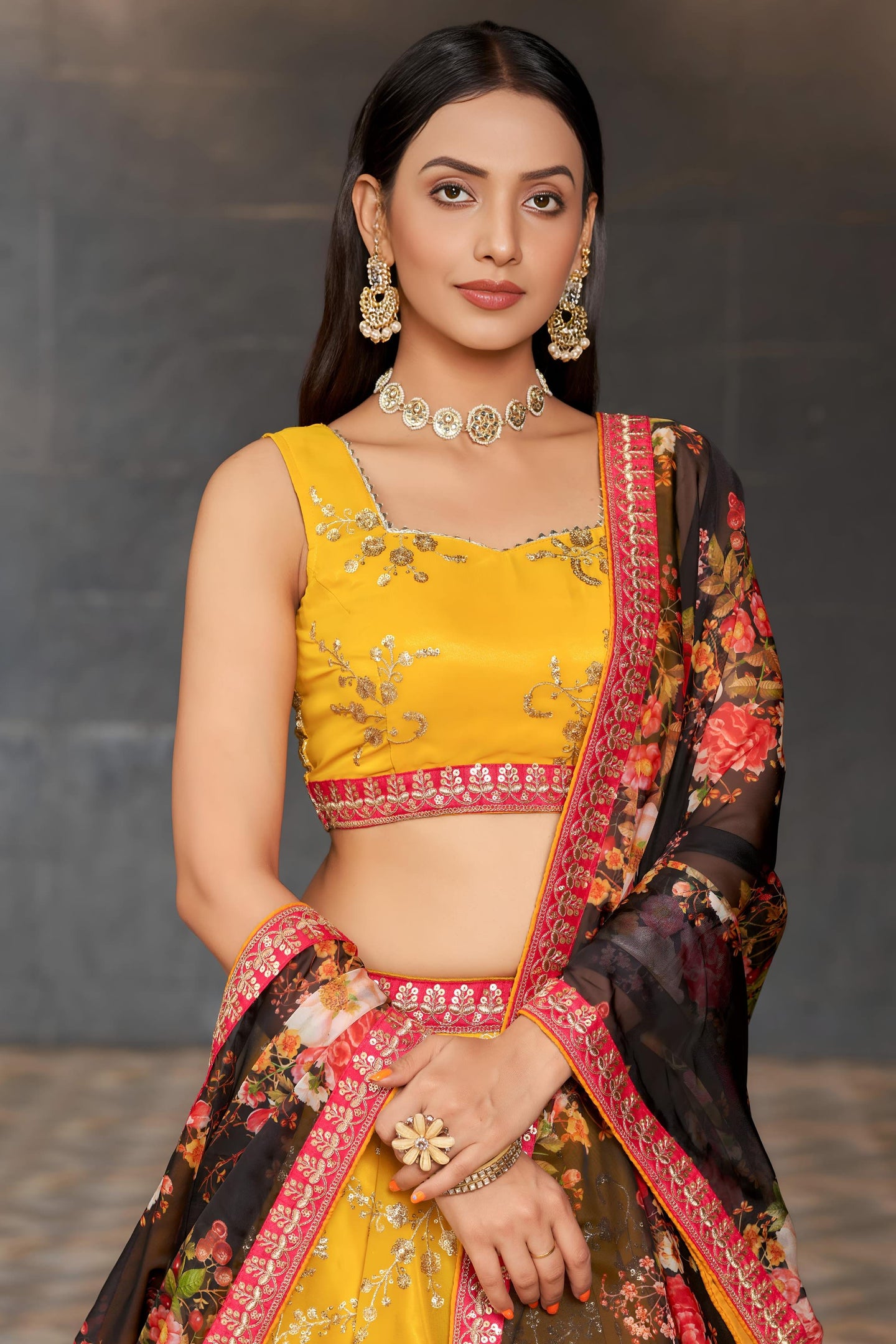 Yellow Georgette Lehenga Choli For Indian & Pakistani Wedding Festival - Sequins & Thread Embroidery Work, Zari Work, Dori Work, Embroidery Work, Print Work