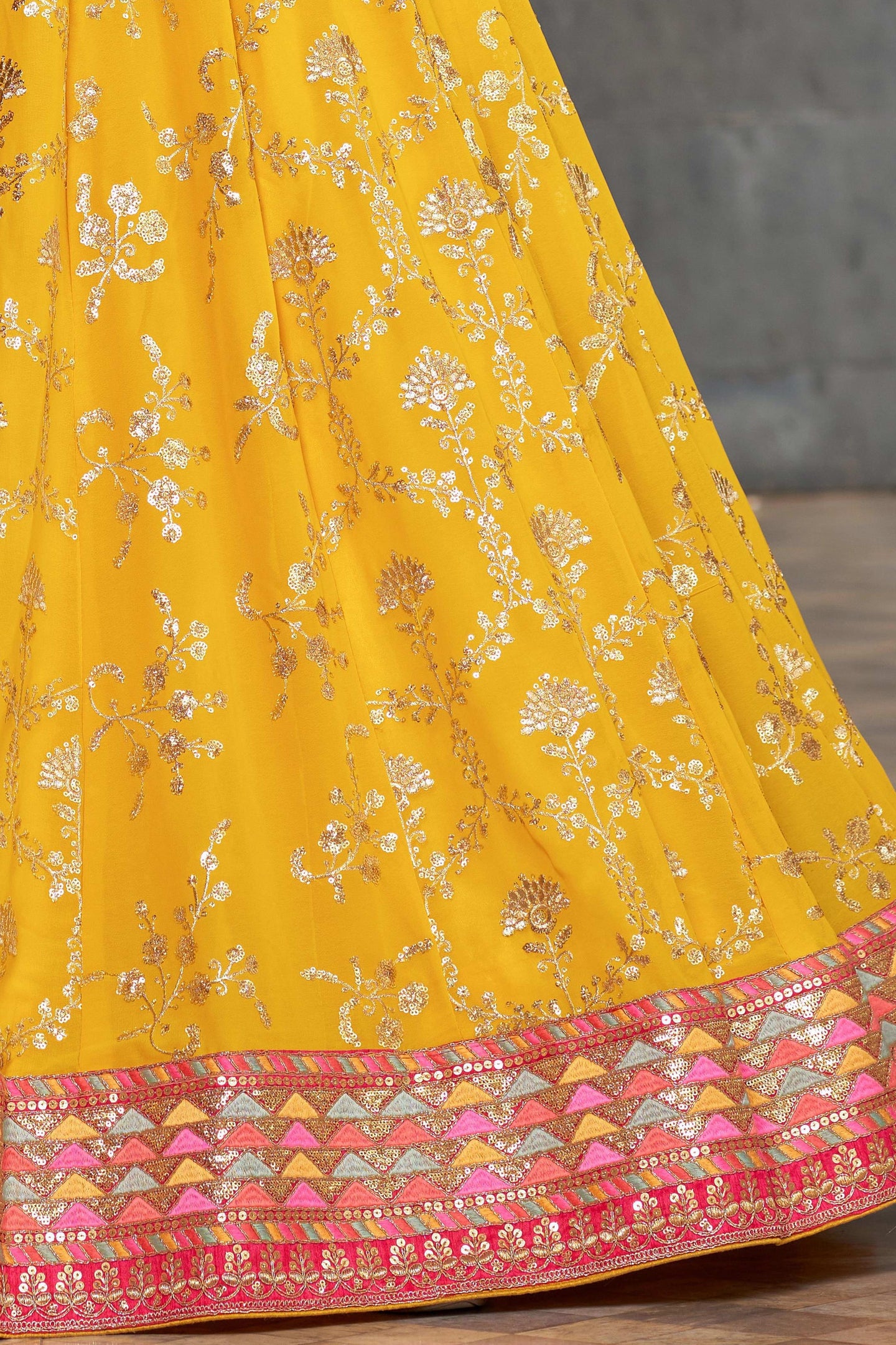 Yellow Georgette Lehenga Choli For Indian & Pakistani Wedding Festival - Sequins & Thread Embroidery Work, Zari Work, Dori Work, Embroidery Work, Print Work