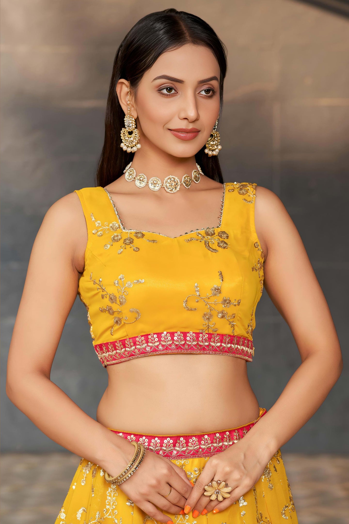 Yellow Georgette Lehenga Choli For Indian & Pakistani Wedding Festival - Sequins & Thread Embroidery Work, Zari Work, Dori Work, Embroidery Work, Print Work