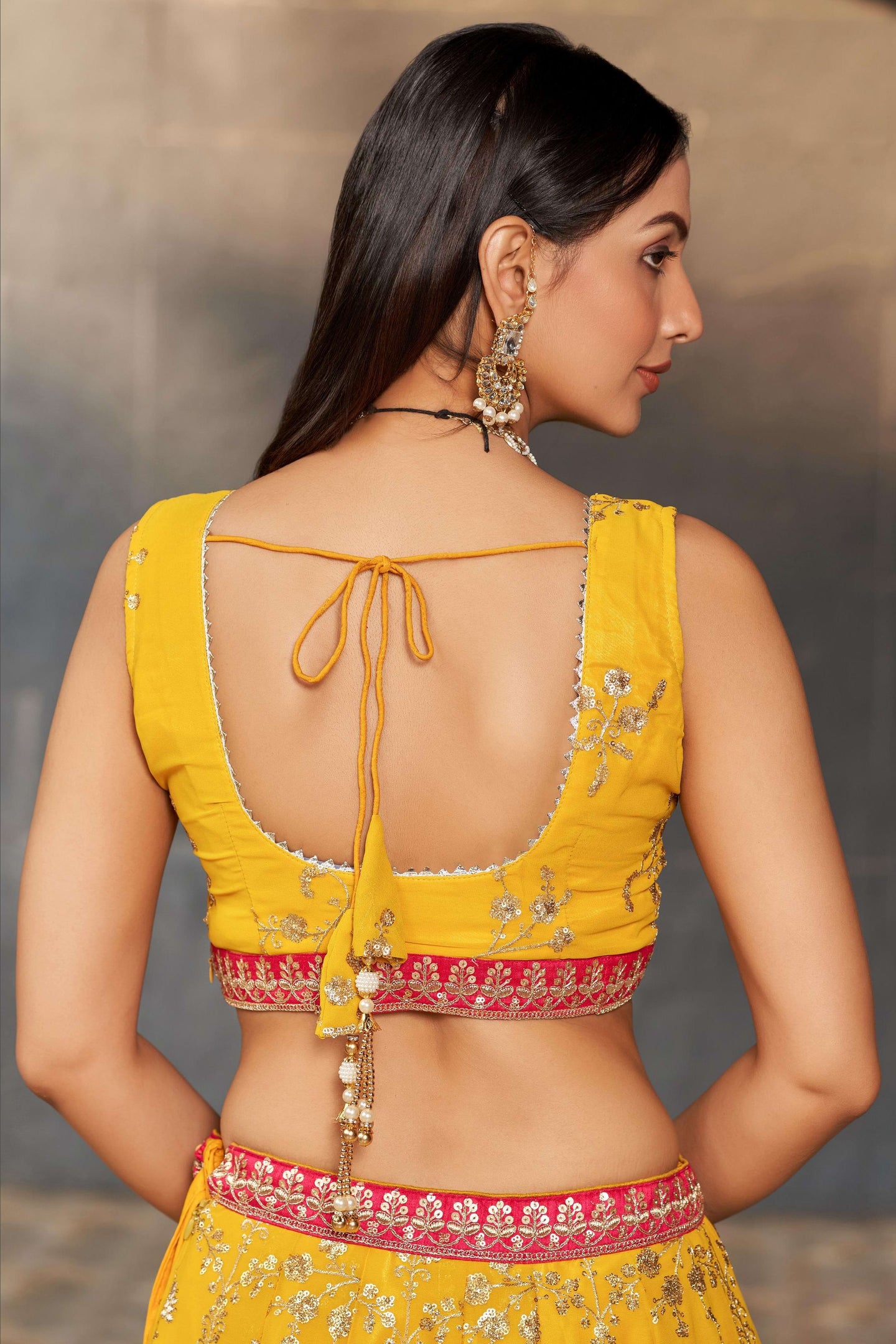 Yellow Georgette Lehenga Choli For Indian & Pakistani Wedding Festival - Sequins & Thread Embroidery Work, Zari Work, Dori Work, Embroidery Work, Print Work