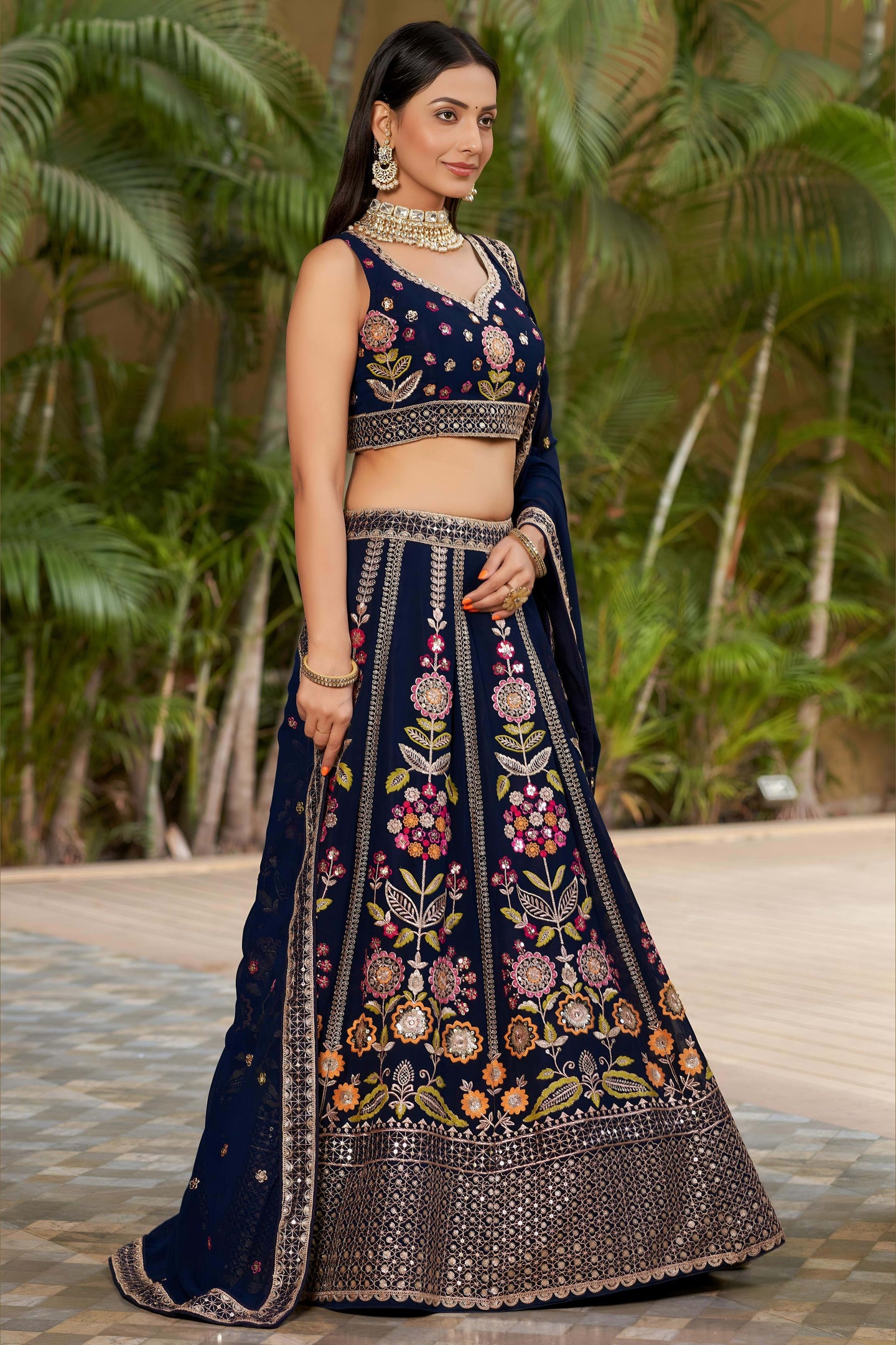 Navy Blue Georgette Lehenga Choli For Indian & Pakistani Wedding Festival - Sequins & Thread Embroidery Work, Zari Work, Dori Work