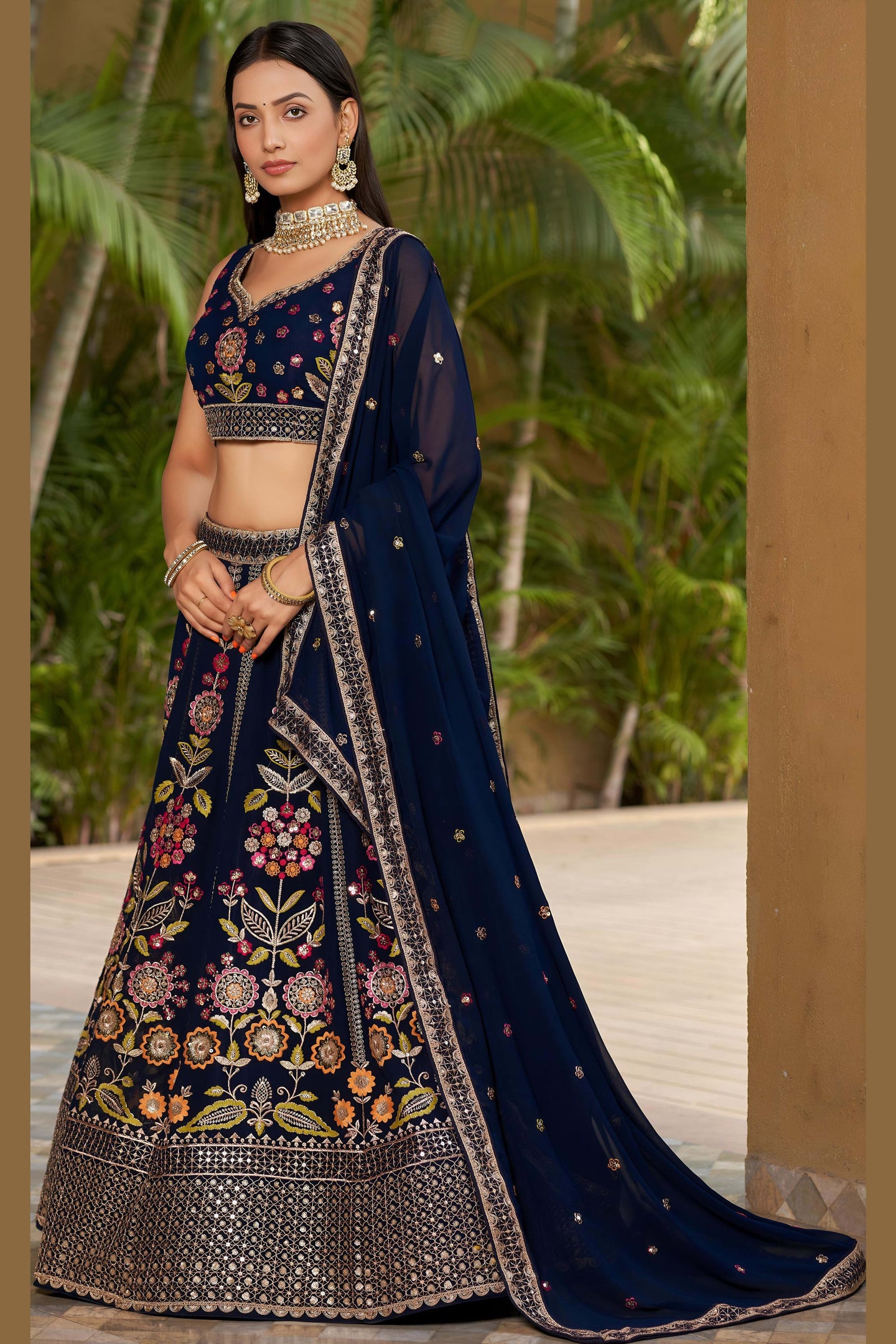 Navy Blue Georgette Lehenga Choli For Indian & Pakistani Wedding Festival - Sequins & Thread Embroidery Work, Zari Work, Dori Work