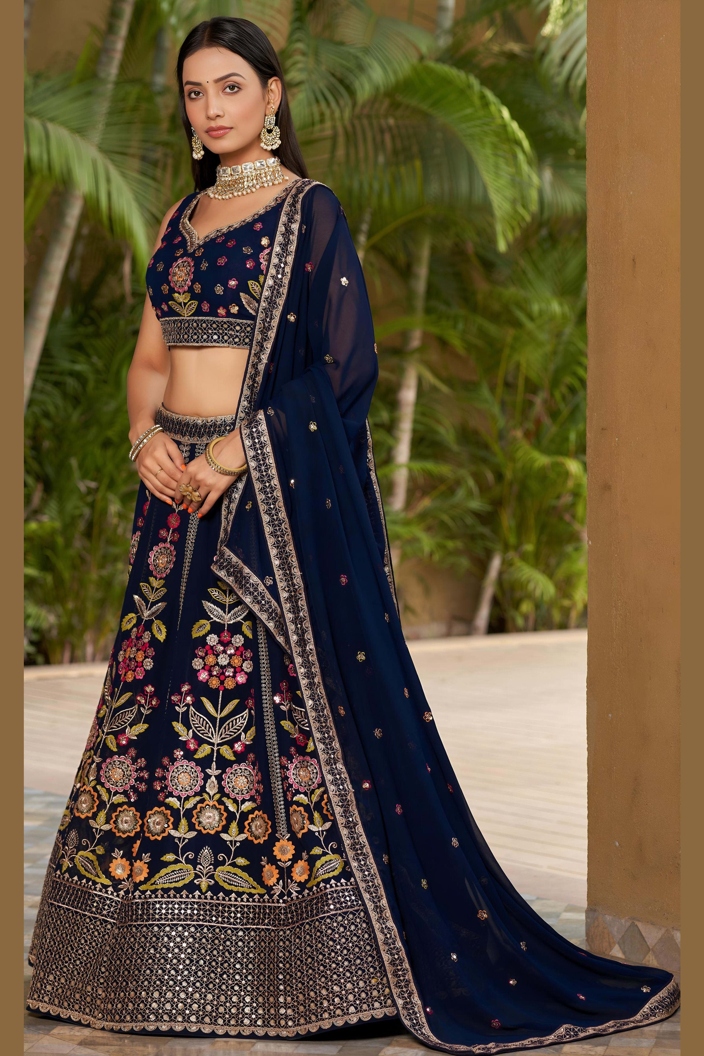 Navy Blue Georgette Lehenga Choli For Indian & Pakistani Wedding Festival - Sequins & Thread Embroidery Work, Zari Work, Dori Work