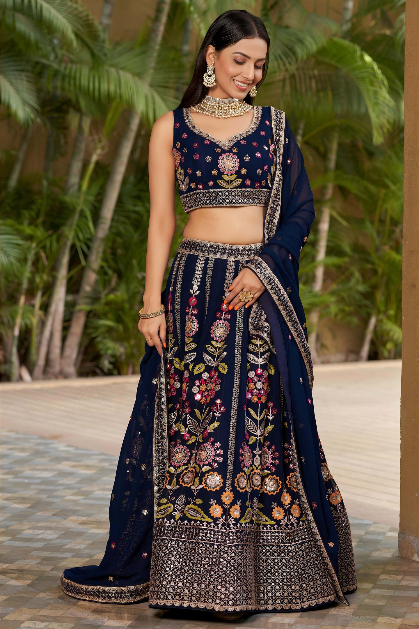 Navy Blue Georgette Lehenga Choli For Indian & Pakistani Wedding Festival - Sequins & Thread Embroidery Work, Zari Work, Dori Work