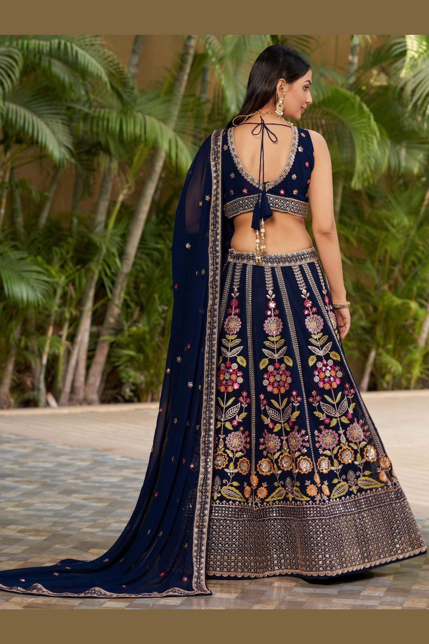 Navy Blue Georgette Lehenga Choli For Indian & Pakistani Wedding Festival - Sequins & Thread Embroidery Work, Zari Work, Dori Work