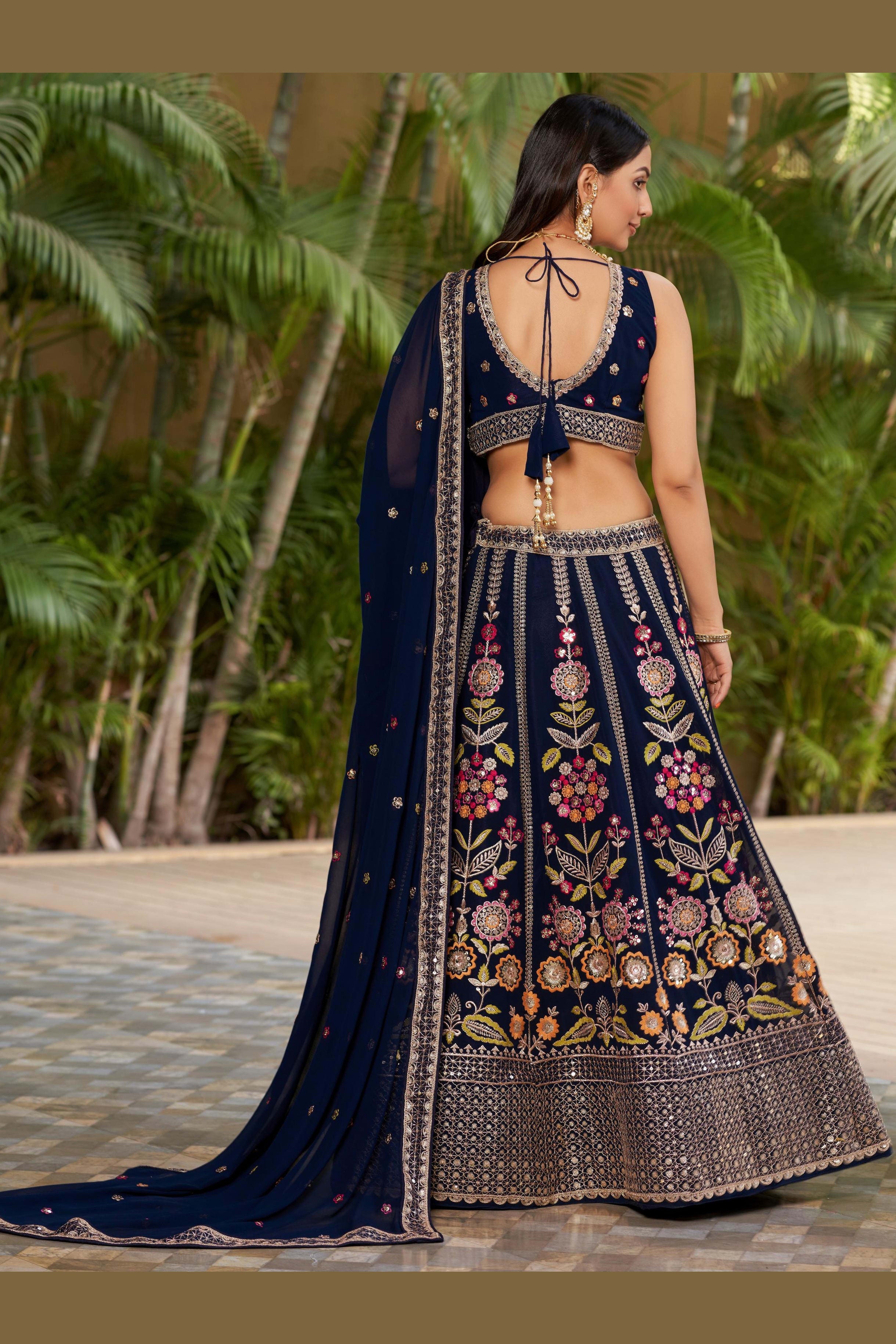 Navy Blue Georgette Lehenga Choli For Indian & Pakistani Wedding Festival - Sequins & Thread Embroidery Work, Zari Work, Dori Work