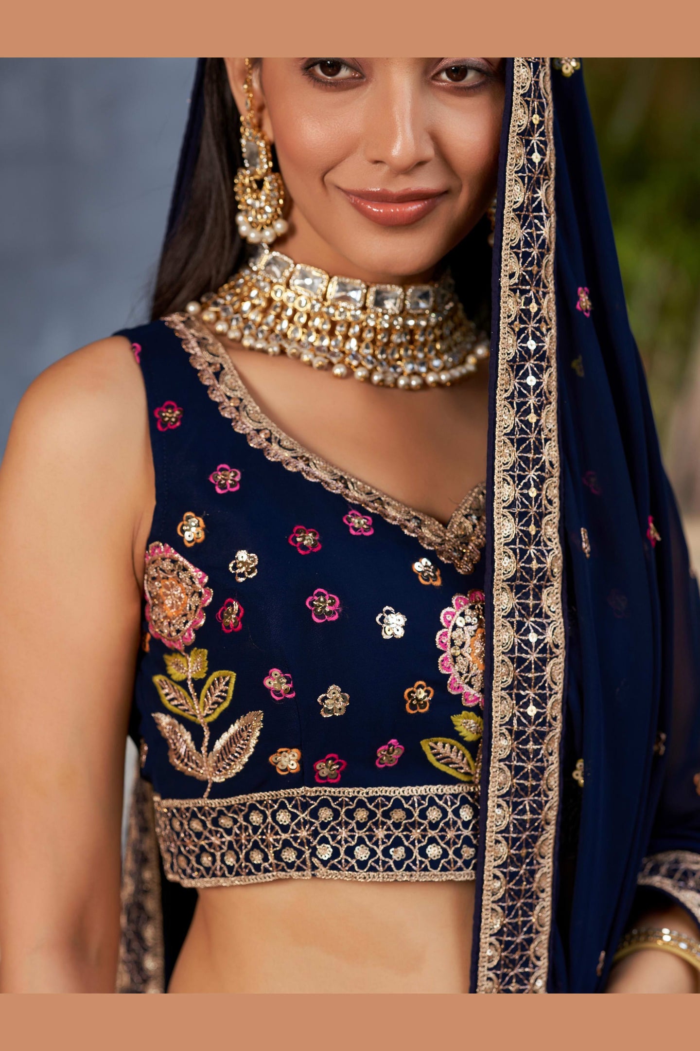 Navy Blue Georgette Lehenga Choli For Indian & Pakistani Wedding Festival - Sequins & Thread Embroidery Work, Zari Work, Dori Work