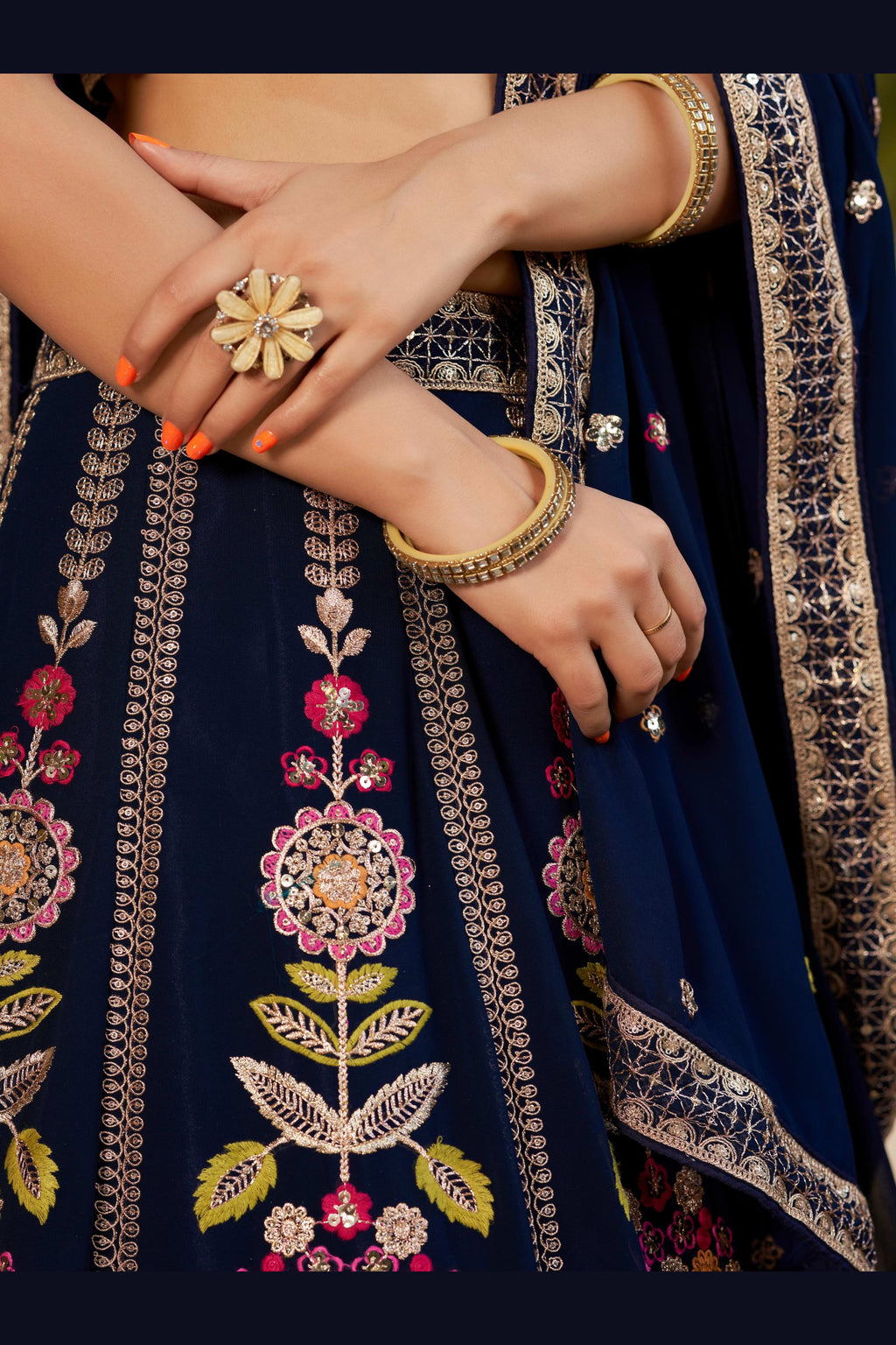 Navy Blue Georgette Lehenga Choli For Indian & Pakistani Wedding Festival - Sequins & Thread Embroidery Work, Zari Work, Dori Work