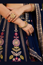 Navy Blue Georgette Lehenga Choli For Indian & Pakistani Wedding Festival - Sequins & Thread Embroidery Work, Zari Work, Dori Work
