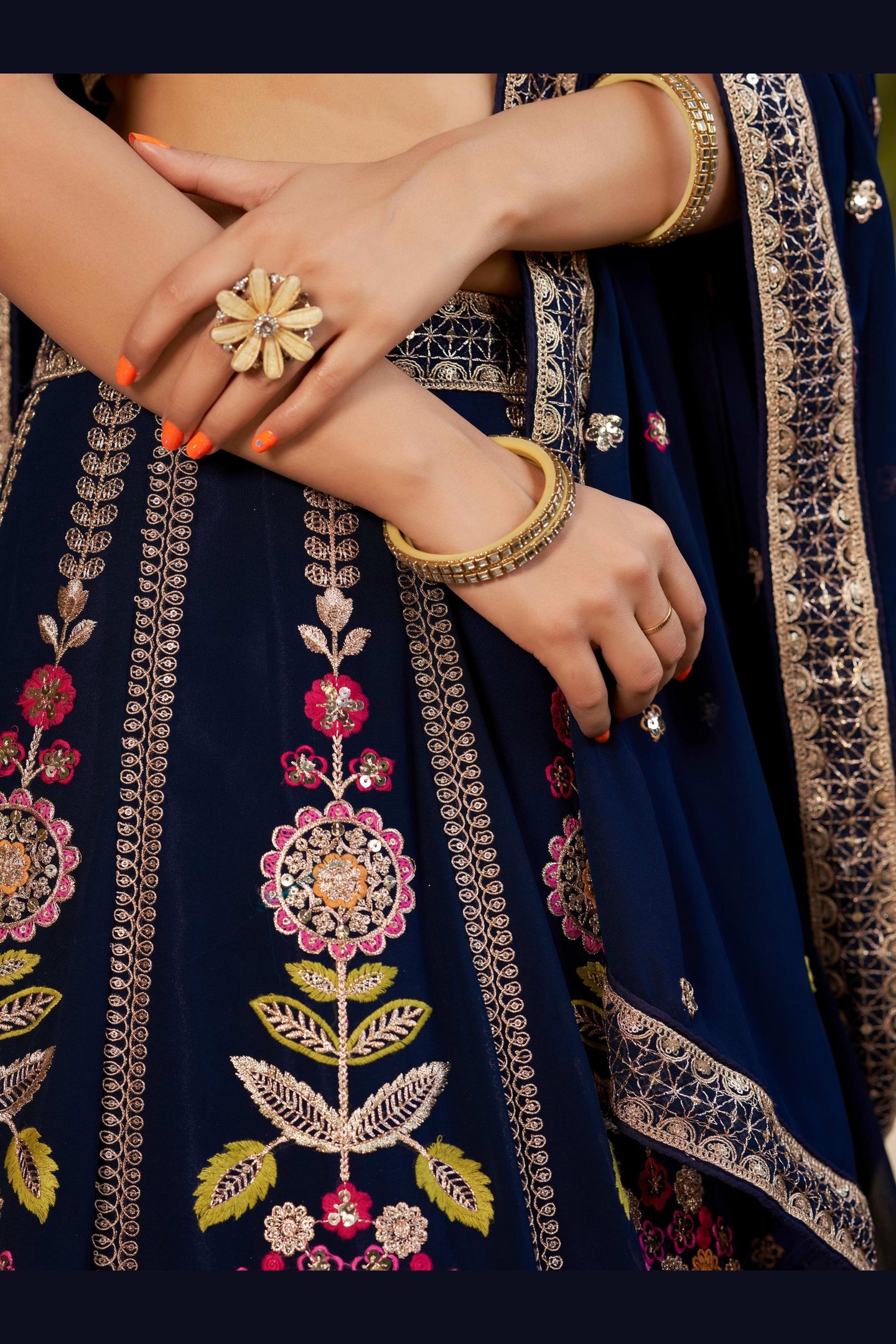 Navy Blue Georgette Lehenga Choli For Indian & Pakistani Wedding Festival - Sequins & Thread Embroidery Work, Zari Work, Dori Work